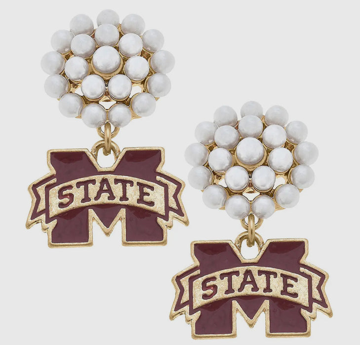 Mississippi State Bulldogs Pearl Cluster/Enamel Drop Earrings