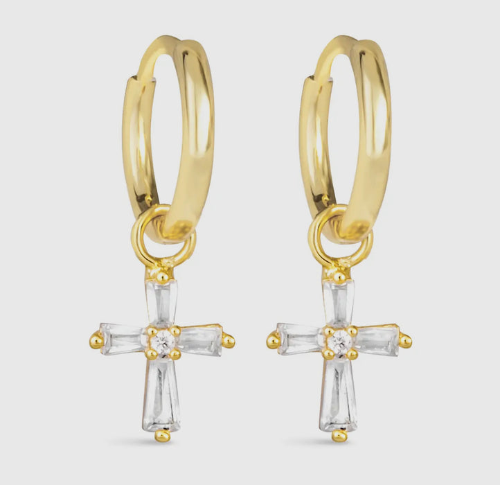 Gold Taper Cross Hoop Earrings