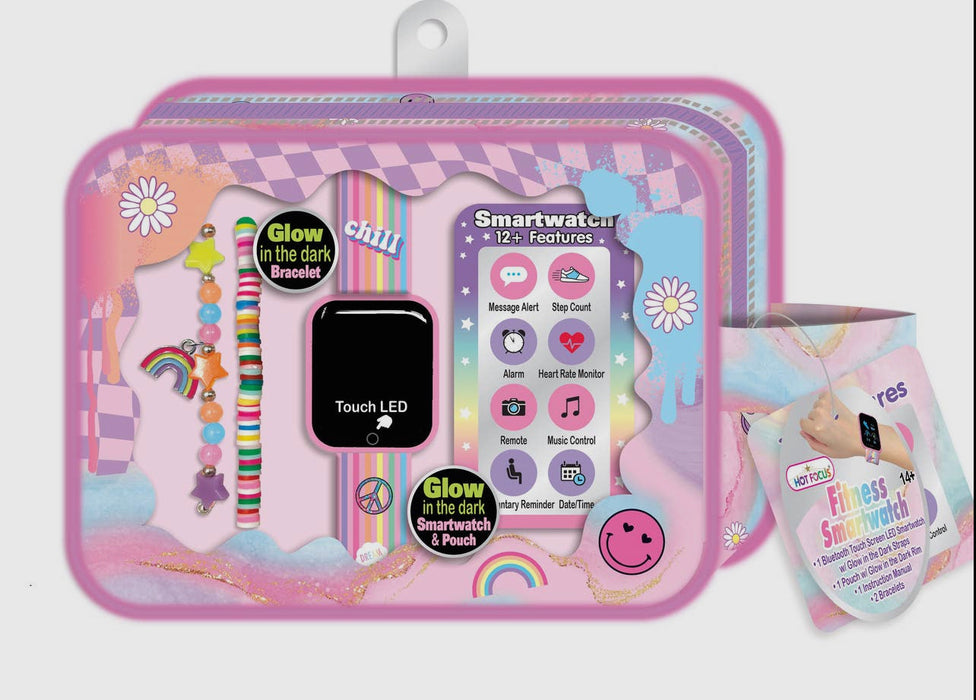 Rainbow Fitness Smartwatch for kids. Comes with a glow in the dark pouch and 2 bracelets. Syncs to phones.