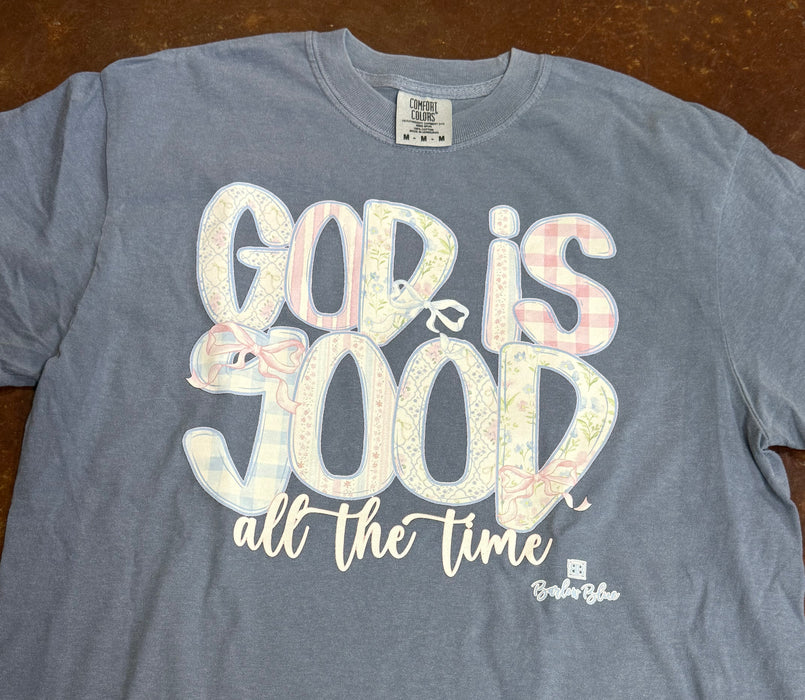 God is Good All The Time. Patchwork Style Graphic Tee on Comfort Colors. Youth & Adult Sizes Available.