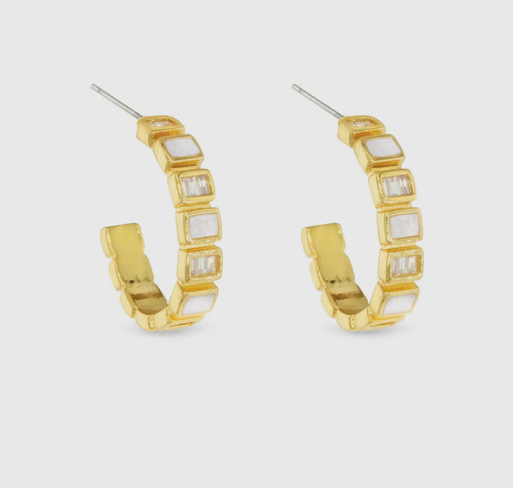 Gold CZ & Mother of Pearl Bezel Hoop Earrings