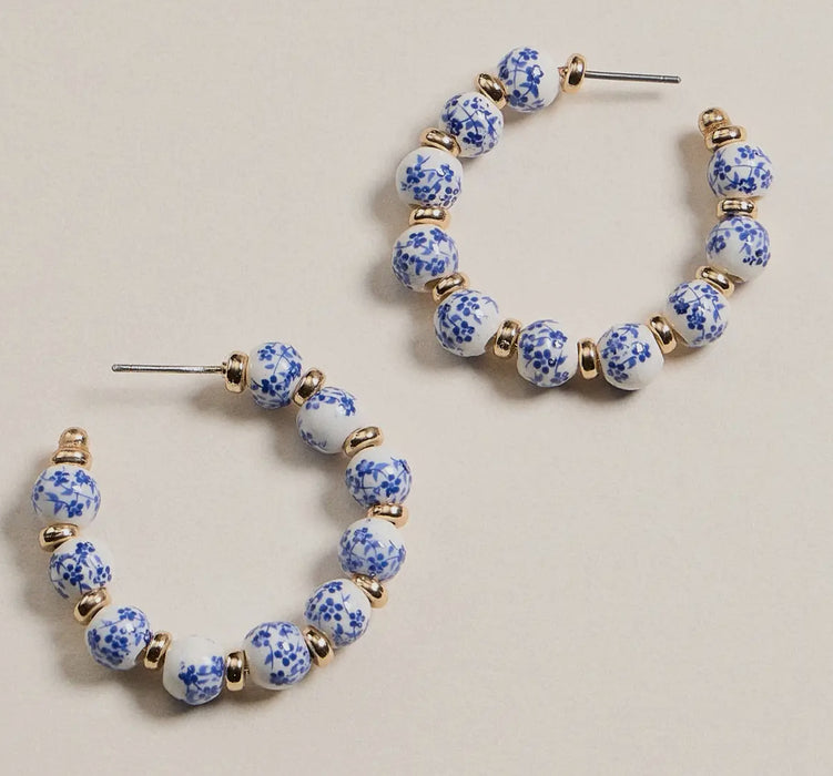 Blue & White Porcelain Beaded Hoop Earrings