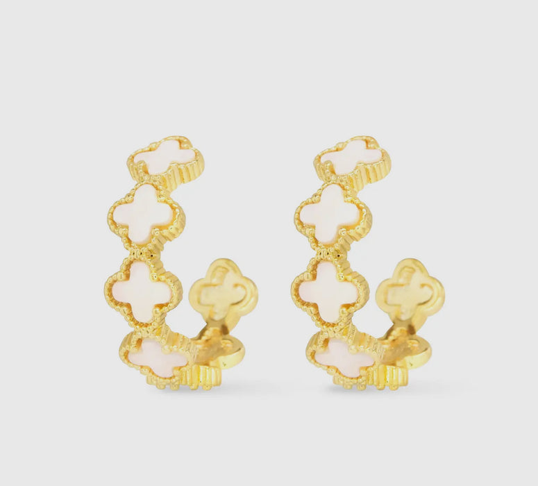 Gold Mother of Pearl Clover Hoop Earrings