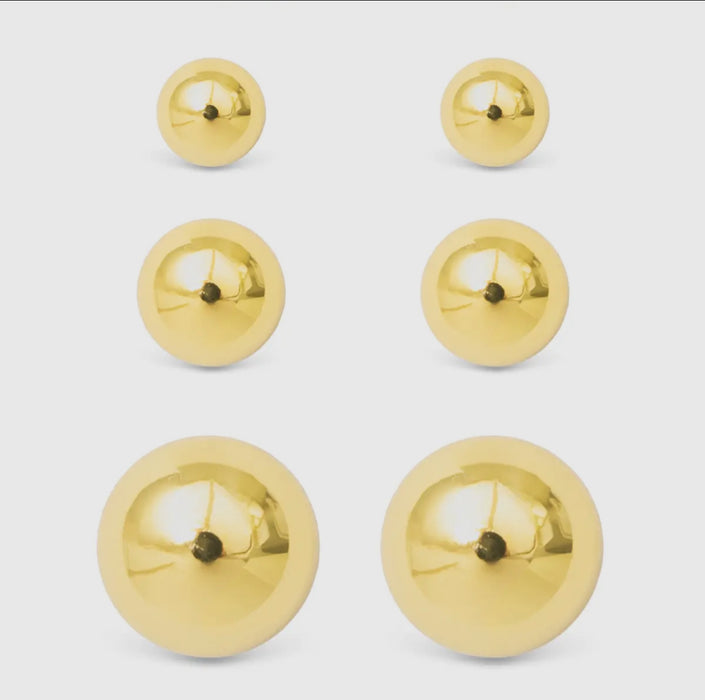 Gold Polished Ball Stud Triplet Earrings