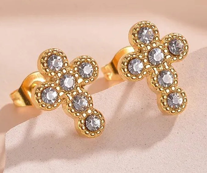 18k Gold Plated Stainless Steel CZ Cross Stud Earrings