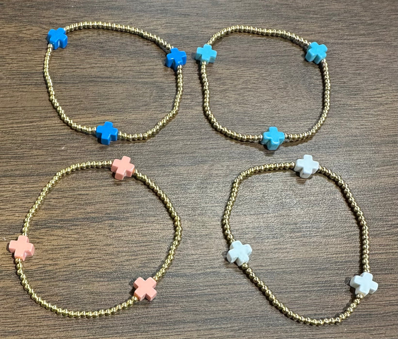 Gemstone Cross & Gold Bead Bracelets.  High Quality Non Tarnish Beads.  Perfect for Stacking.