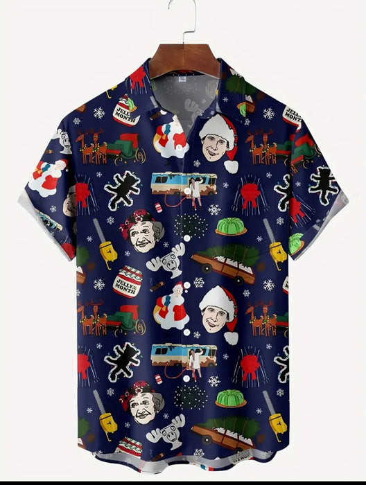 Navy Blue Griswold Christmas Highlights. Button Up Shirt for Men.