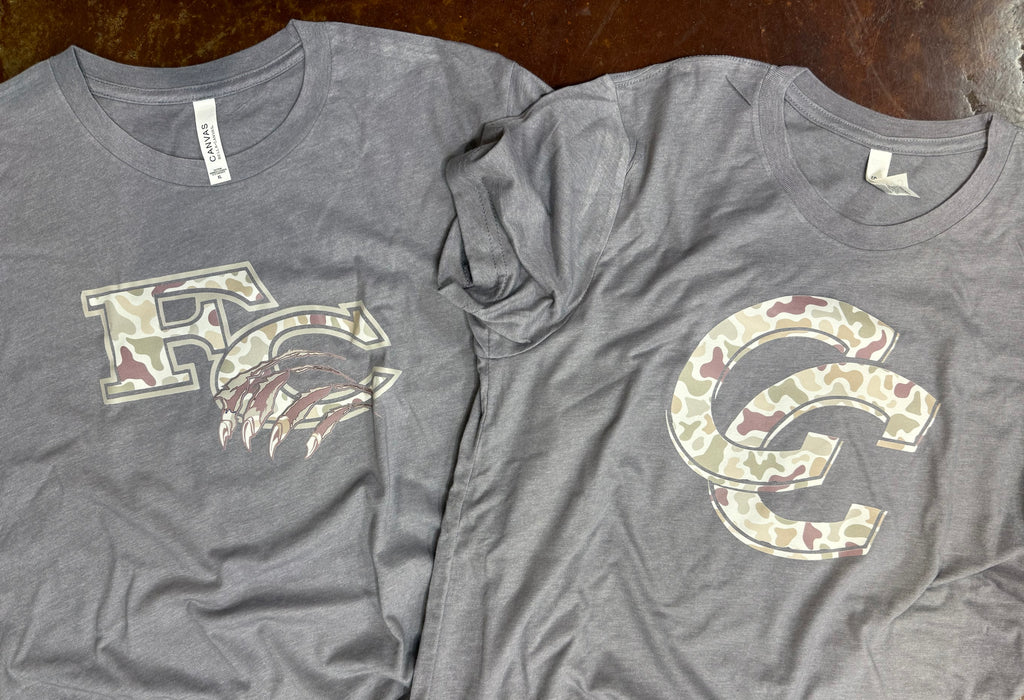 Camouflage Team Logo Tees. FC or CC is available. Contact us if you need different schools. We can do it! Unisex Sizes for Adults and Youth.