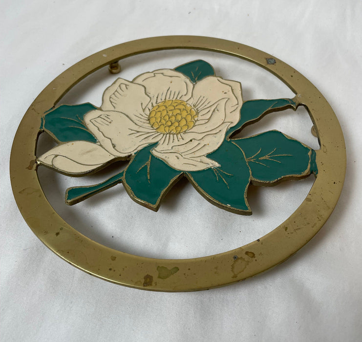 Vintage Brass Trivet With Hand Painted Magnolia Flower - Made In India