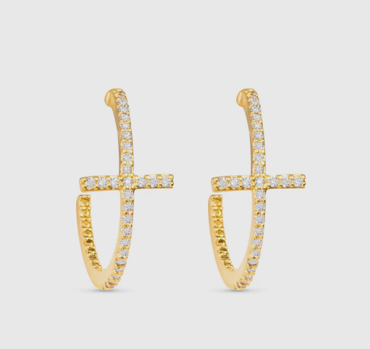 Gold CZ Cross Hoop Earrings