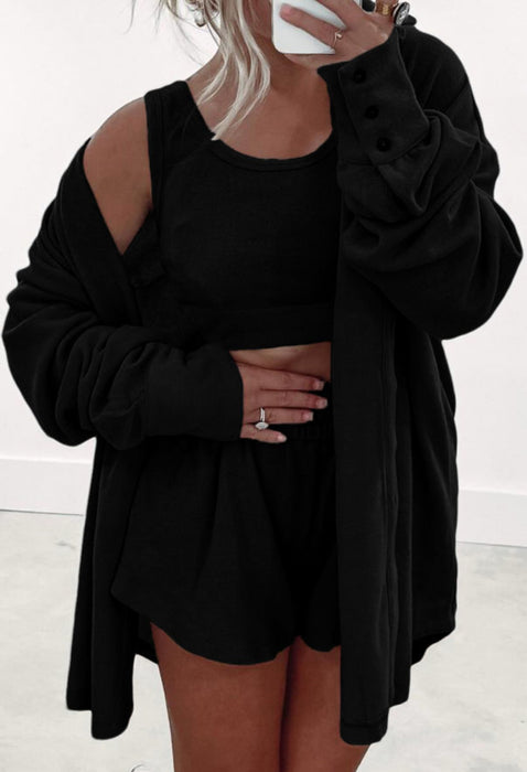 3 Piece Shorts Lounge Set with Cropped Tank and Button Up Long Sleeve Top. Available in Black, Pink & Grey.