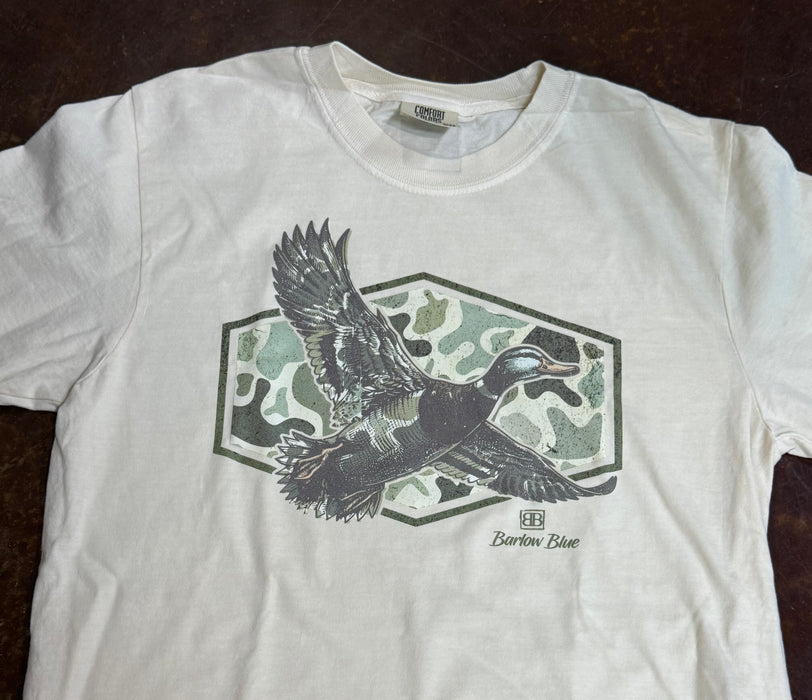Camouflage Flying Mallard Duck Tee on Ivory Comfort Colors. Unisex Design Available in Youth & Adult Sizes