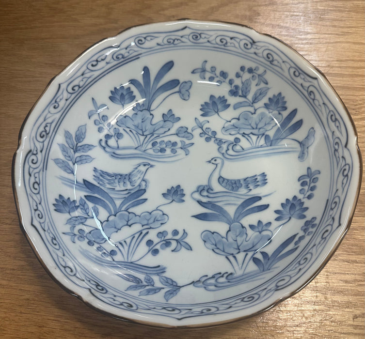 Blue Floral with Birds Serving Bowl. 9.75”