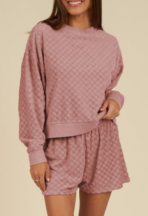 Pink Textured Long Sleeve Top & Shorts 2 Piece Set. Checkered Pattern.