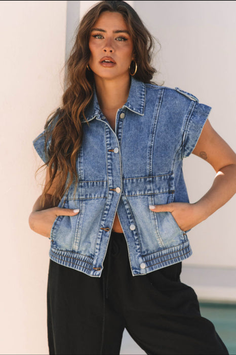Acid Wash Denim Short Sleeve Jacket Vest