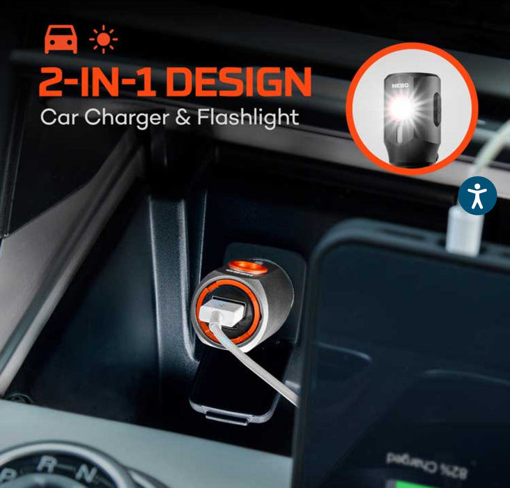 TRANSPORT 400 2-IN-1 CAR CHARGER & FLASHLIGHT. Never be caught without a flashlight in your car again!