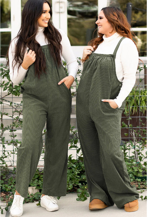 Green Loose Fit Corduroy Overall with Pockets