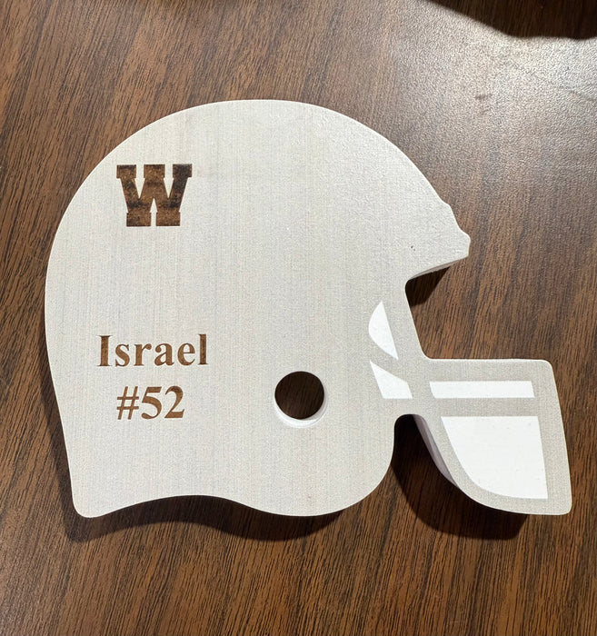 Personalized Football Helmet Grey). Can say anything you want, some ideas are shown. 6"x5". Personalization NOT included