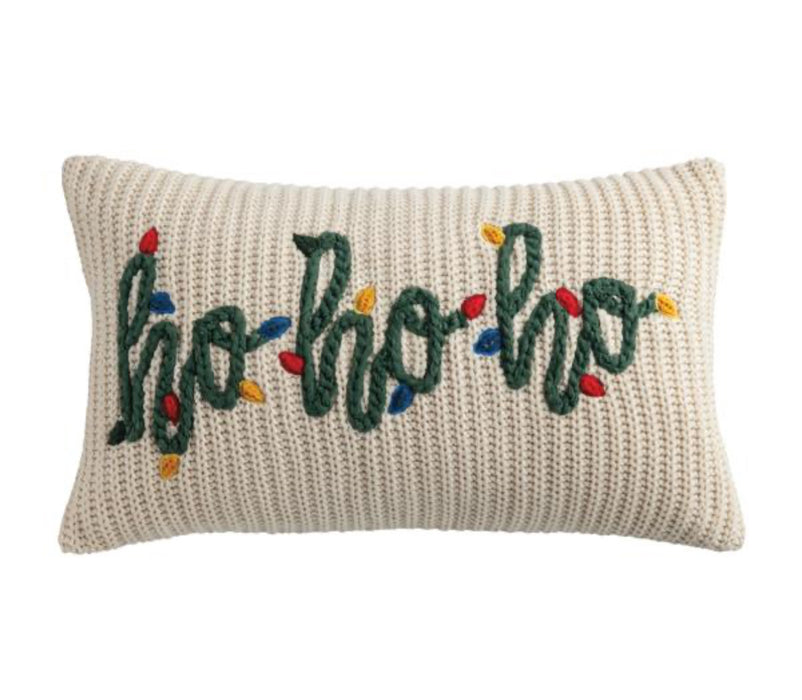 Cream "Ho Ho Ho" Christmas Chunky Knit Pillow by Mud Pie
