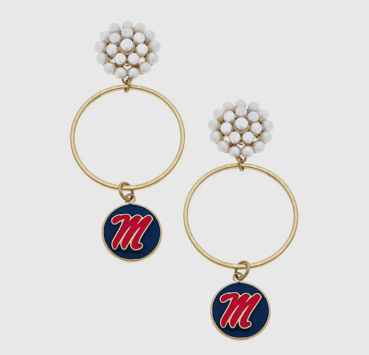 Ole Miss Rebels Pearl Cluster/Enamel Hoop Earrings