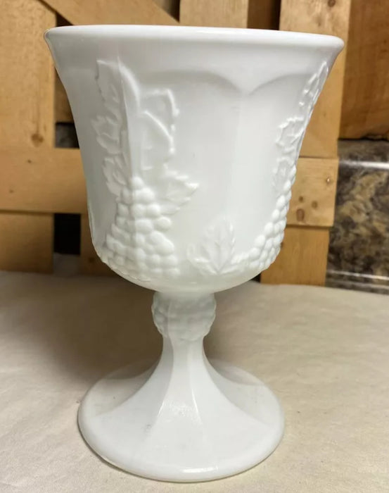 Vintage Indiana Milk Glass Wine Glass Goblet. Grape Vine Pattern. Sold individually.