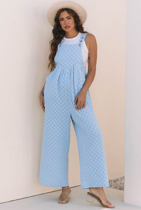 Blue Checkered Textured Overalls. High Waist with Wide Legs.