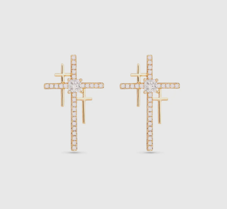 Gold Triple Cross CZ Earrings