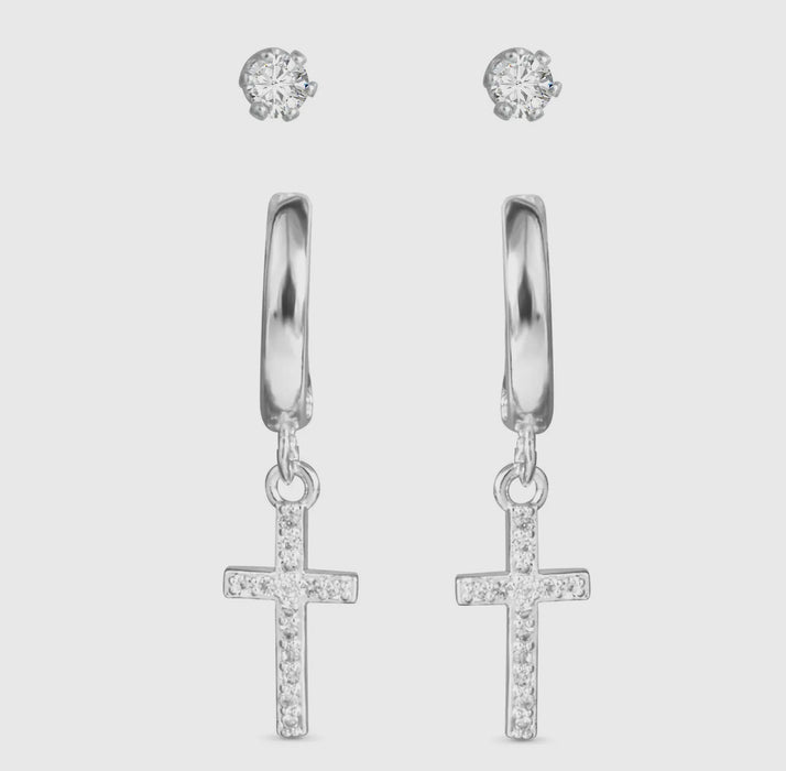 Cross CZ Huggie & Stud Duo Earrings