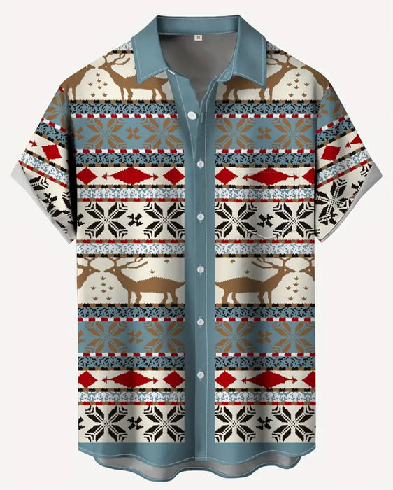 Blue Christmas Button Up for Men. Deer Sweater Pattern.