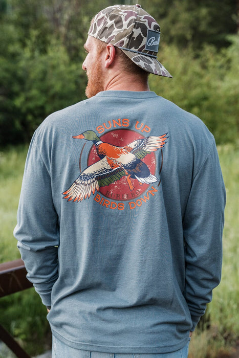 Suns Up Birds Down Burlebo Men’s Long Sleeve Tee. 2XL Only
