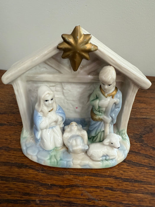 Vintage Ceramic Nativity Scene with Gold Star – Mary, Joseph & Baby Jesus Figurine