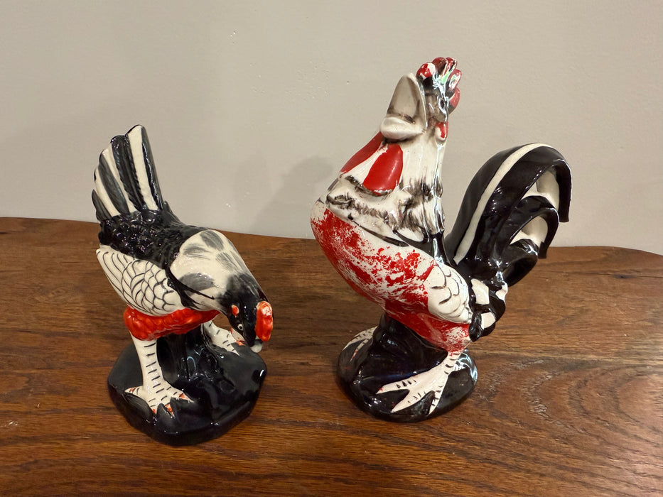 Vintage Rooster and Hen Ceramic Figurines – Red, Black & White Farmhouse Pair Set of 2