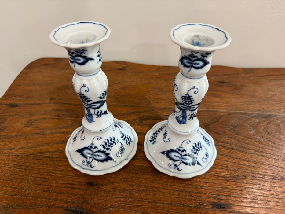Vintage Blue Danube Blue Onion Porcelain Candlestick Holders – Set of 2