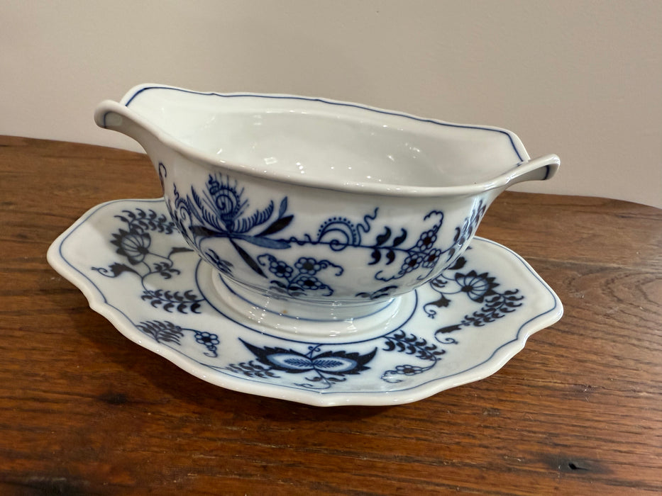 Vintage Blue Danube Blue Onion Porcelain Gravy Boat with Attached Underplate