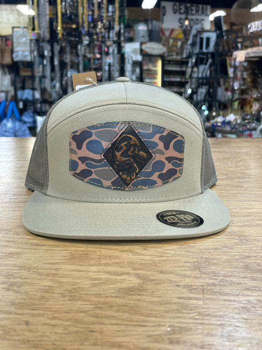 Mallard Old School Camo Brown Leather Patch Hat. 7-Panel Modern Flat Bill Cap. Richardson 168 Snapback Hat. Hand Burnished Leather Patch.