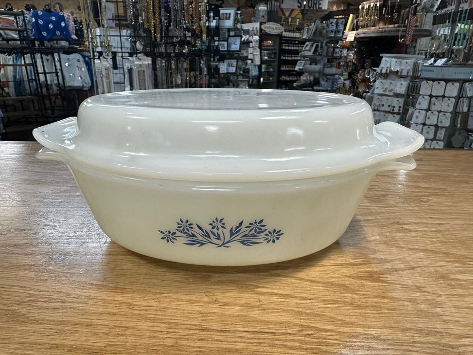 Vintage Anchor Hocking Fire King Blue Flowers Pattern Casserole Dish with Lid