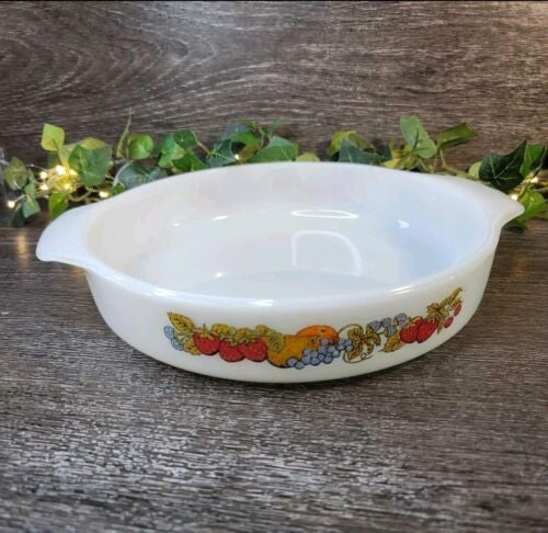 Vintage Anchor Hocking Fire King Casserole Dish. Fruit Pattern.