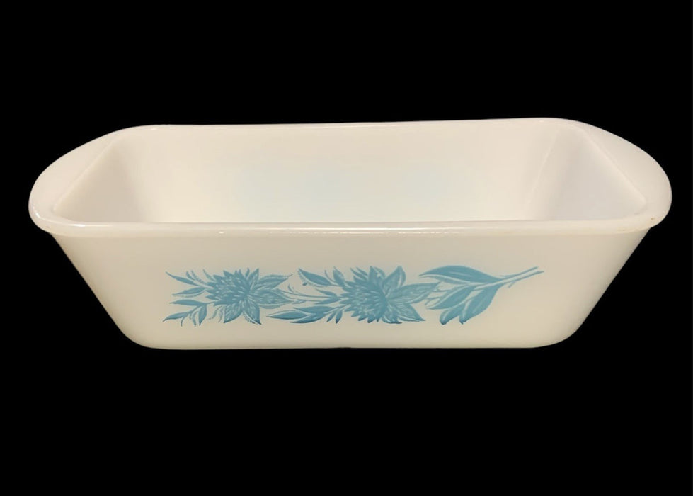 Glasbake Blue Thistle Flower Casserole Pan Milk Glass 1960's Vintage Dish