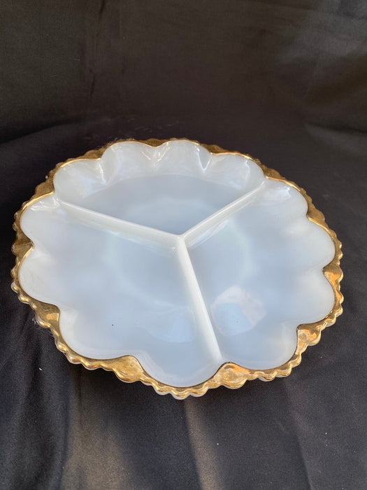 Vintage Round Milk Glass Tray with Gold Trim. 3 Compartments.