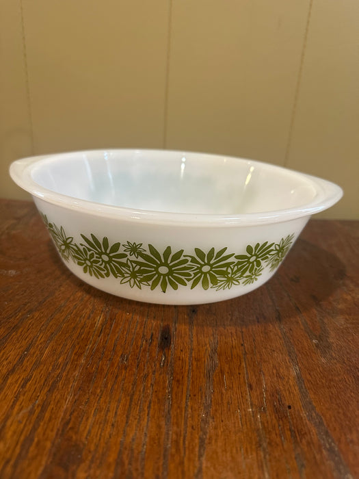 Vintage Milk Glass Ovenware with Green Flowers. 2 Qt