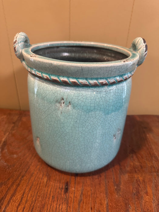 Turquoise Crackle Planter. 9” tall x 7.5” wide.