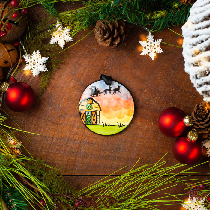 Santa Skyline Brown Barn Ornament. Can be personalized with names, dates & more!
