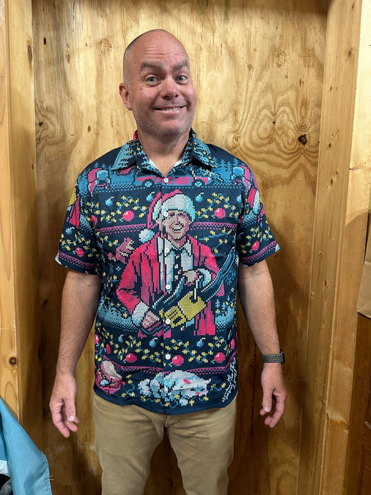 Clark Griswold with a Chainsaw Button Up Shirt for Men.