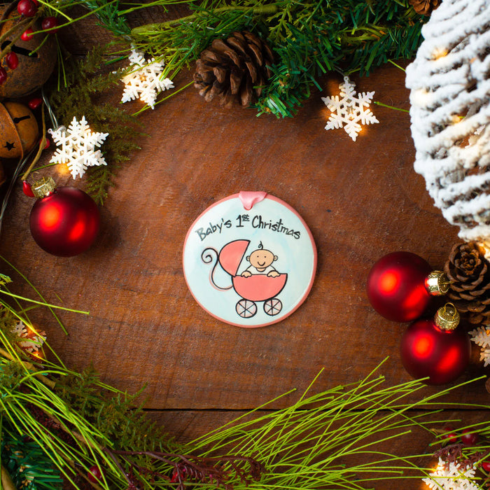 Pink Buggy Baby's 1st Christmas Ornament. Can be personalized with names, dates & more!