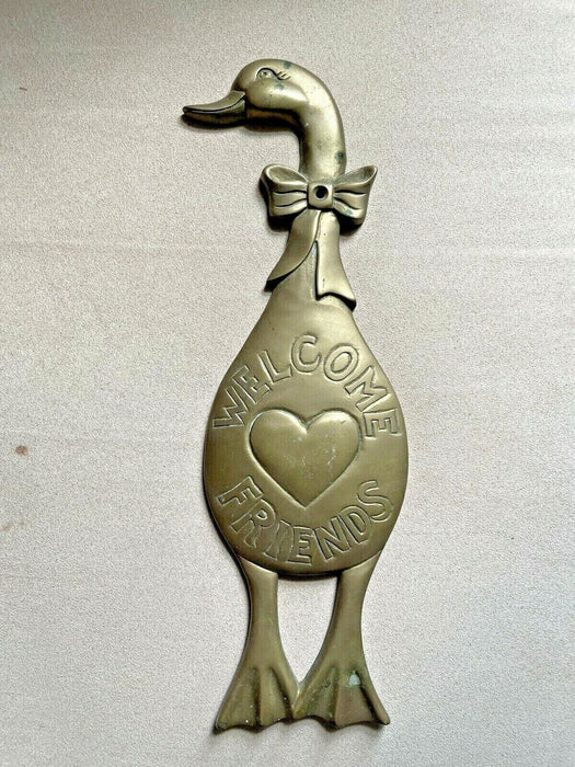 Vintage Brass Duck with Bow. Wall Hanging that says Welcome Friends.