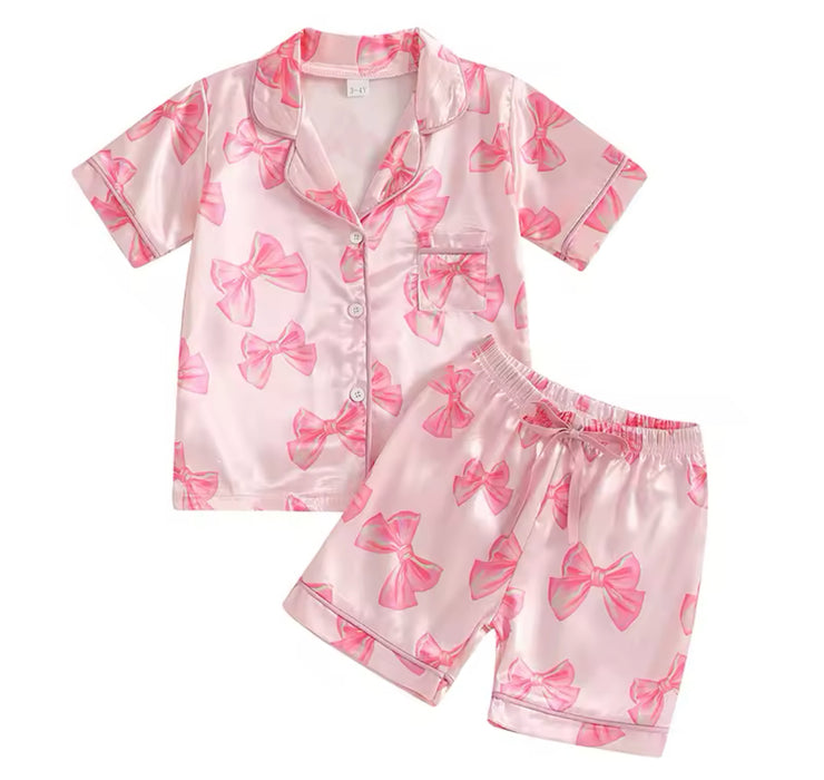 Pink Satin Pajama Set with Bows for Toddler Girls
