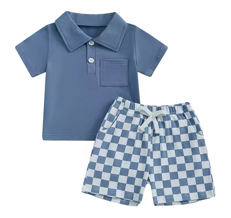 Blue and White Checkered Shorts with Blue Top