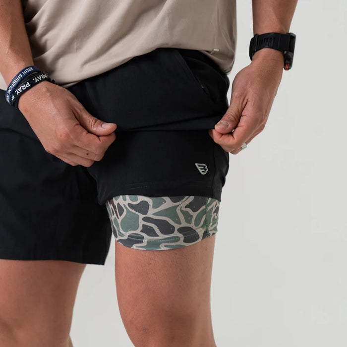 Men's Burlebo Heather Black Athletic Shorts with Retro Duck Camo Liner- Available in Different Inseam Sizes!