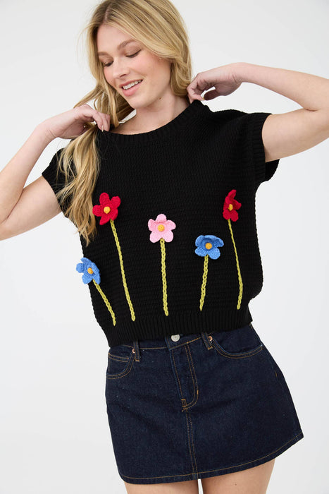 3d Floral Crochet Short Sleeve Sweater
