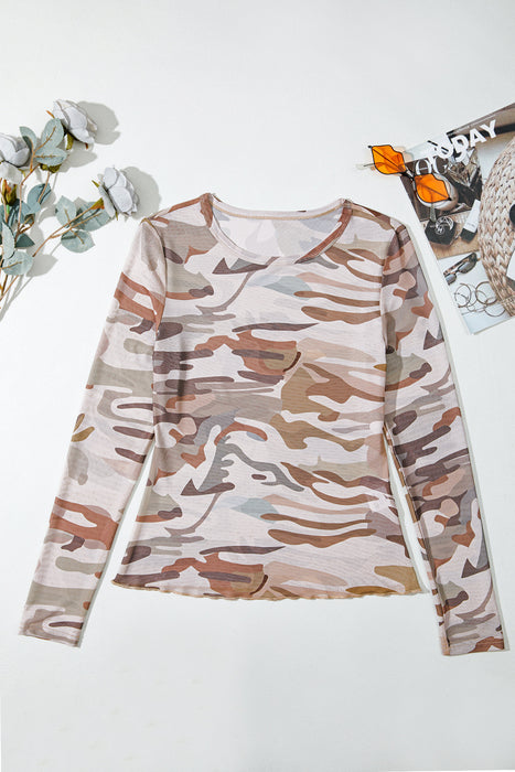Camouflage Print Mesh Long Sleeve Top